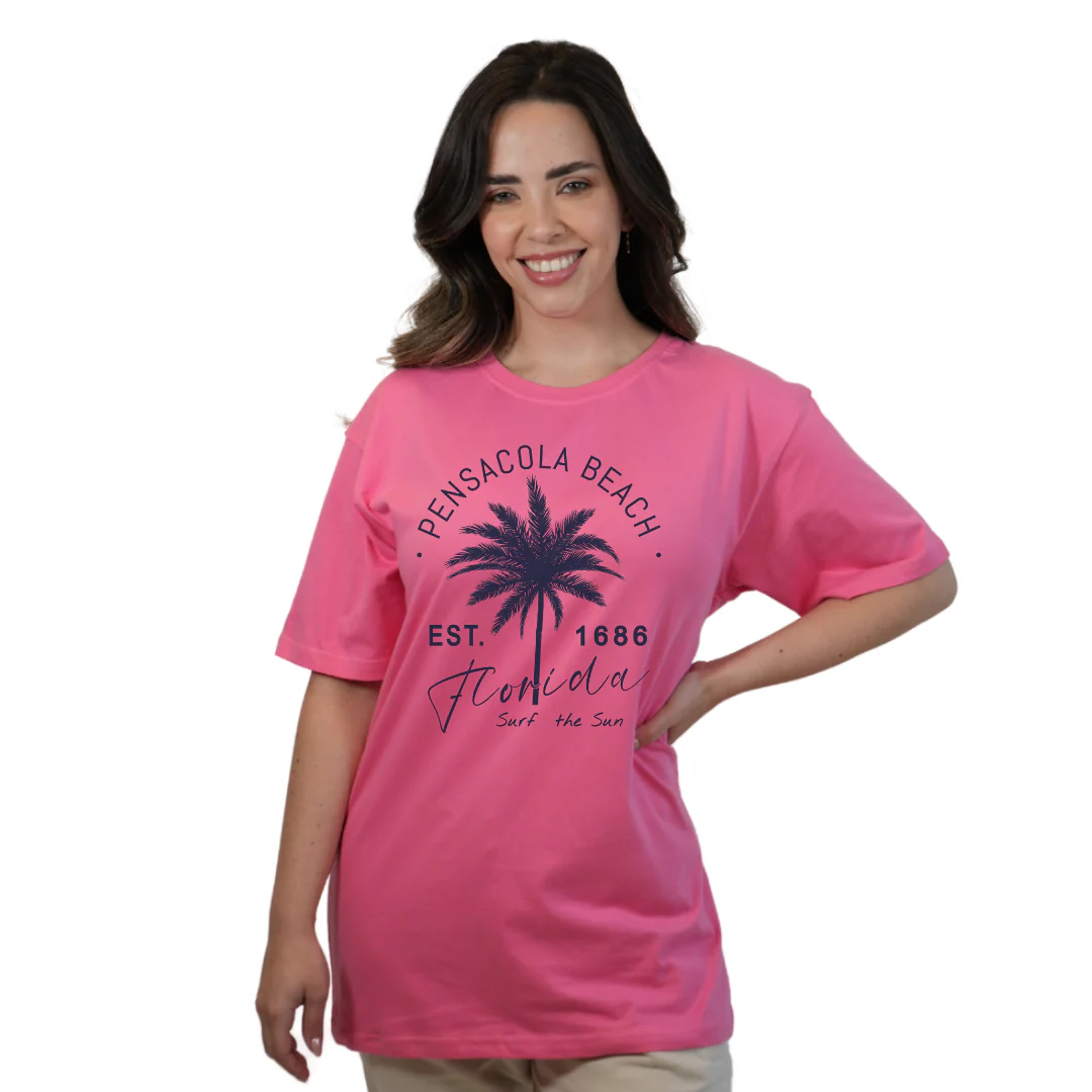 Pensacola Beach Combed Cotton Women T-Shirt with a Front Big Palm Tree Est. 1686 Design Style CC1000 - Image 5