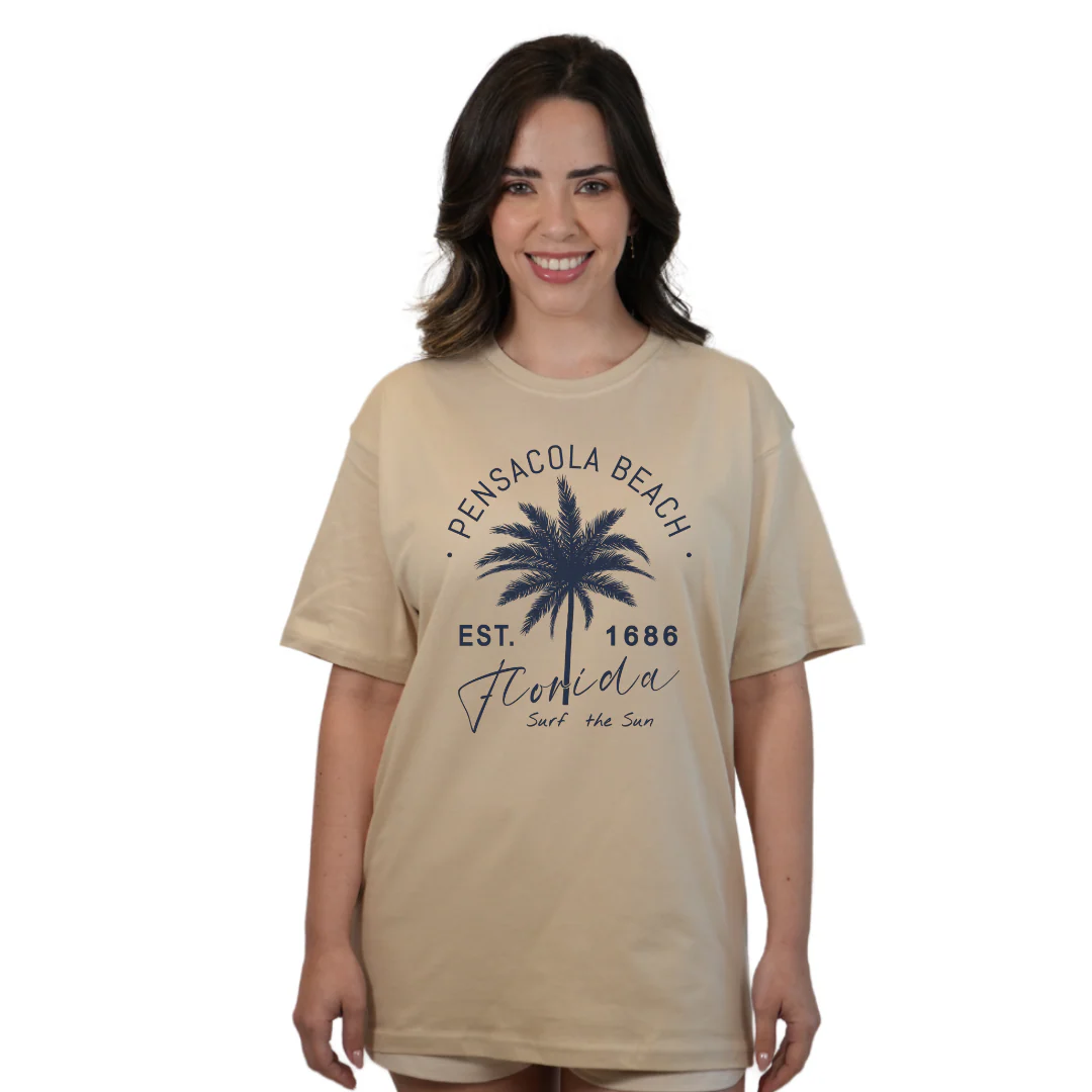 Pensacola Beach Combed Cotton Women T-Shirt with a Front Big Palm Tree Est. 1686 Design Style CC1000 - Image 6