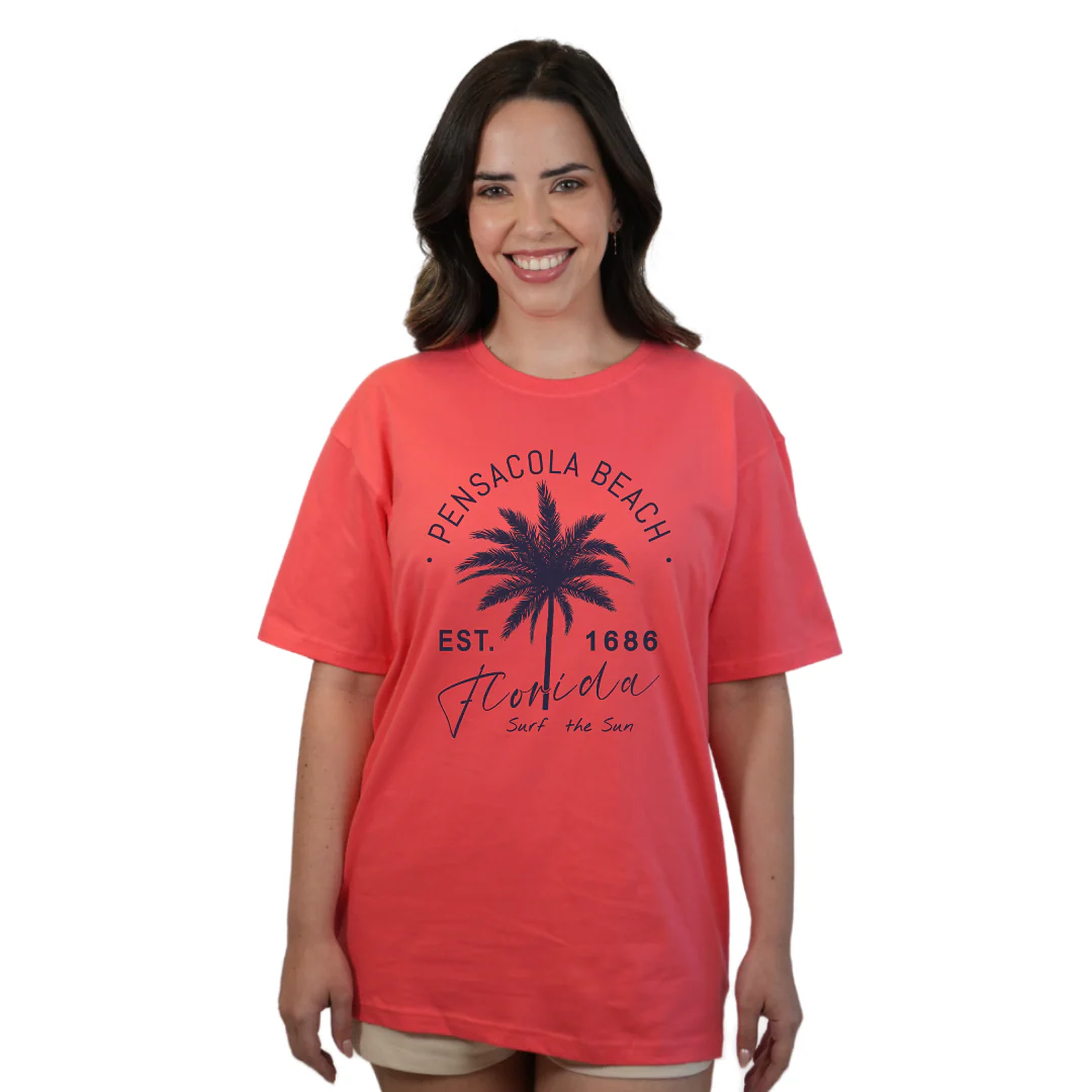 Pensacola Beach Combed Cotton Women T-Shirt with a Front Big Palm Tree Est. 1686 Design Style CC1000 - Image 7