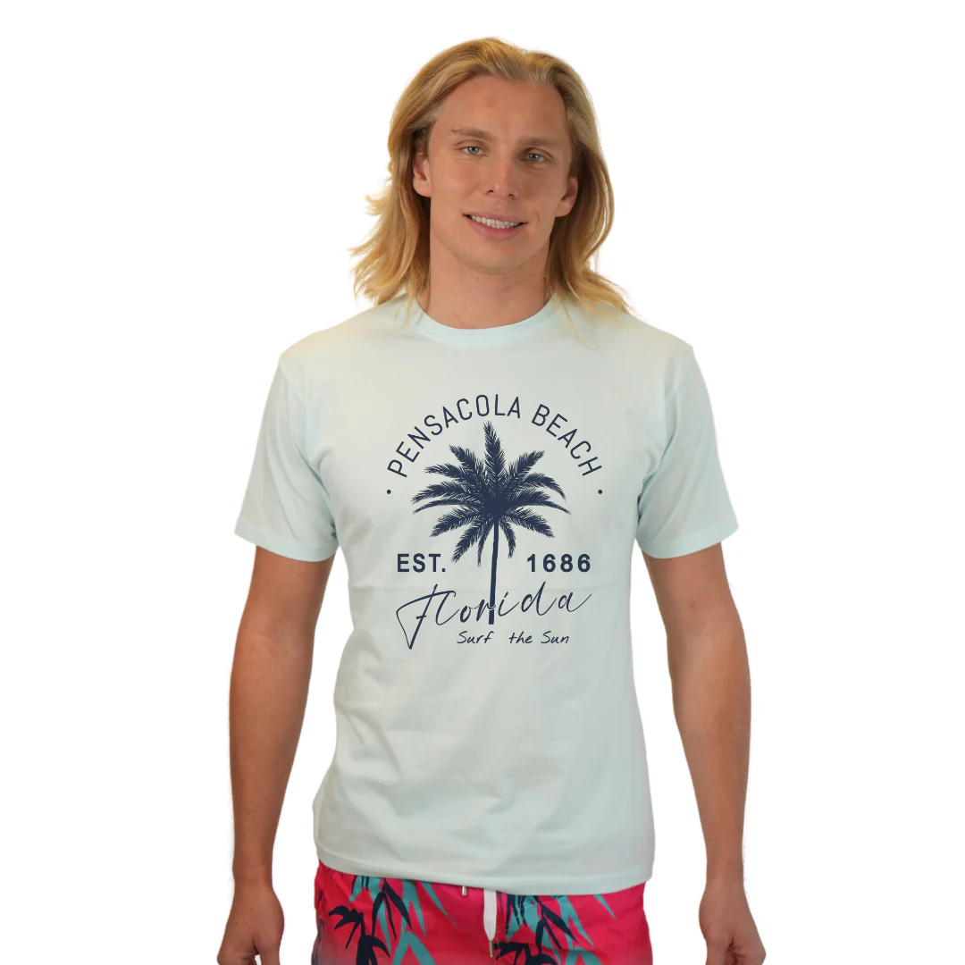 Pensacola Beach Combed Cotton Men T-Shirt with a Front Big Palm Tree Est. 1686 Design Style CC1000 - Image 3