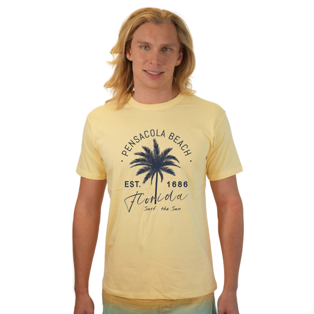 Pensacola Beach Combed Cotton Men T-Shirt with a Front Big Palm Tree Est. 1686 Design Style CC1000 - Image 4