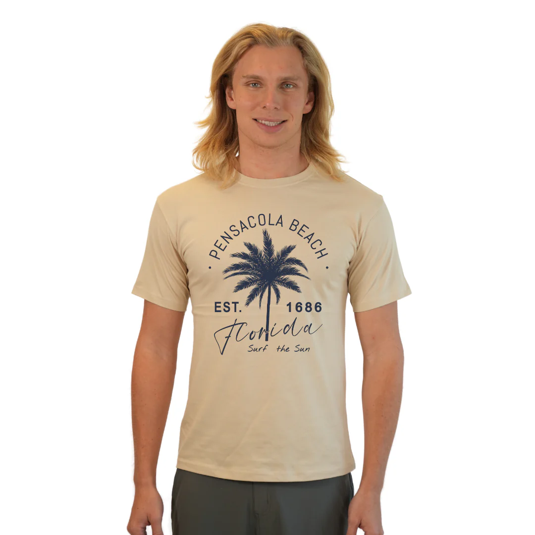 Pensacola Beach Combed Cotton Men T-Shirt with a Front Big Palm Tree Est. 1686 Design Style CC1000 - Image 6