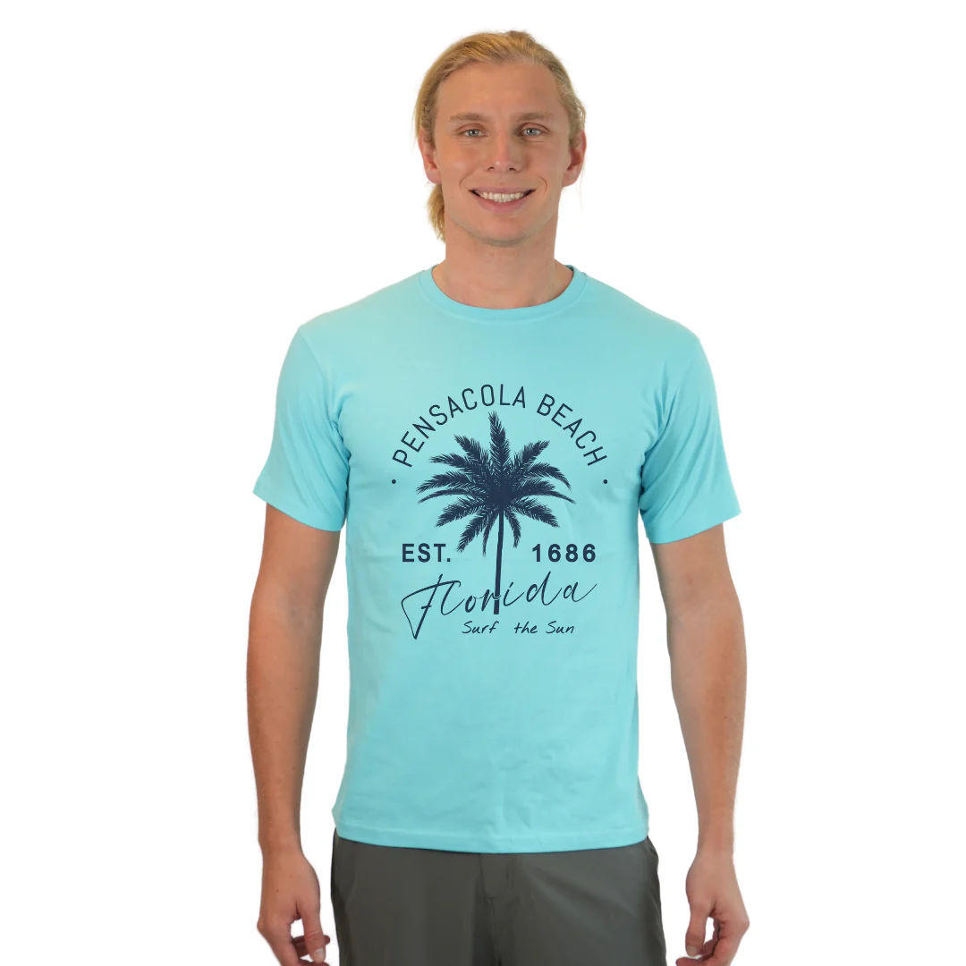 Pensacola Beach Combed Cotton Men T-Shirt with a Front Big Palm Tree Est. 1686 Design Style CC1000 - Image 9