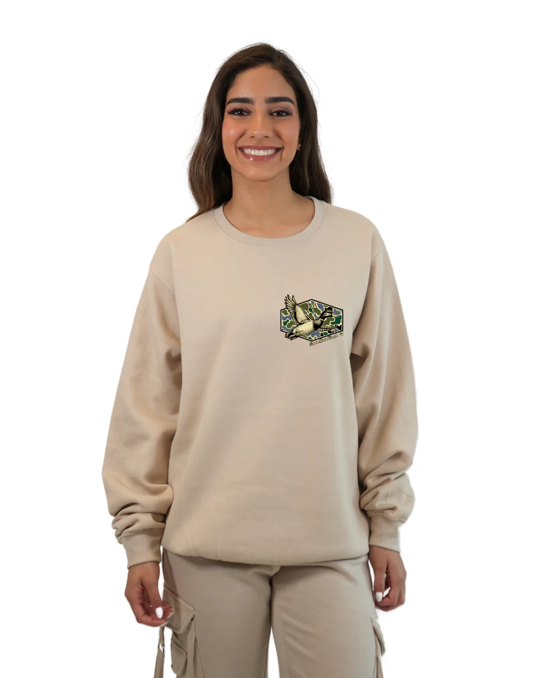 Santa Rosa Beach Duck Women Crewneck – Camouflage Edition - Image 3