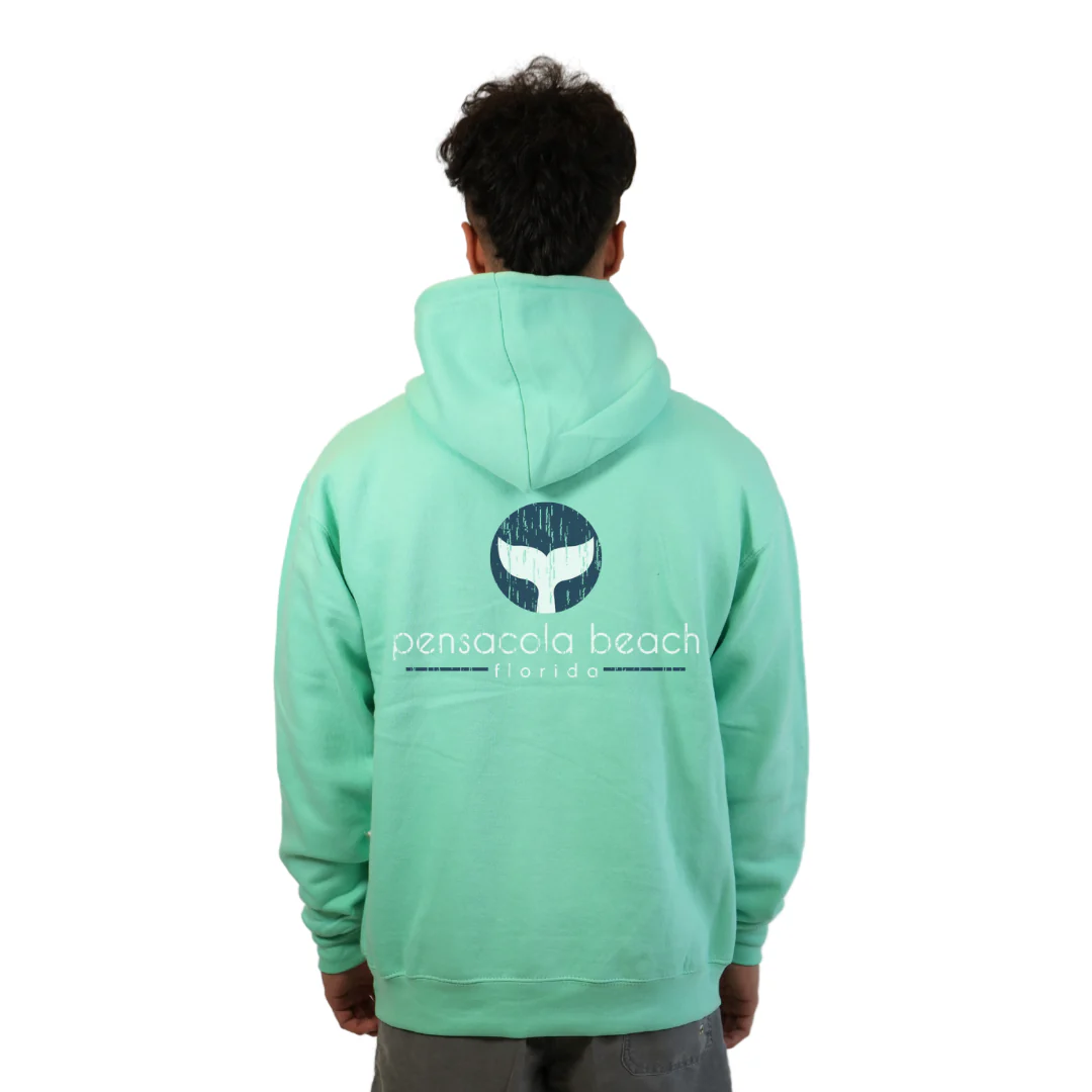 Pensacola Beach Pullover Hoodie Men with front Whale Tale pocket design and back big Whale Tale Design Style 252 - Image 12