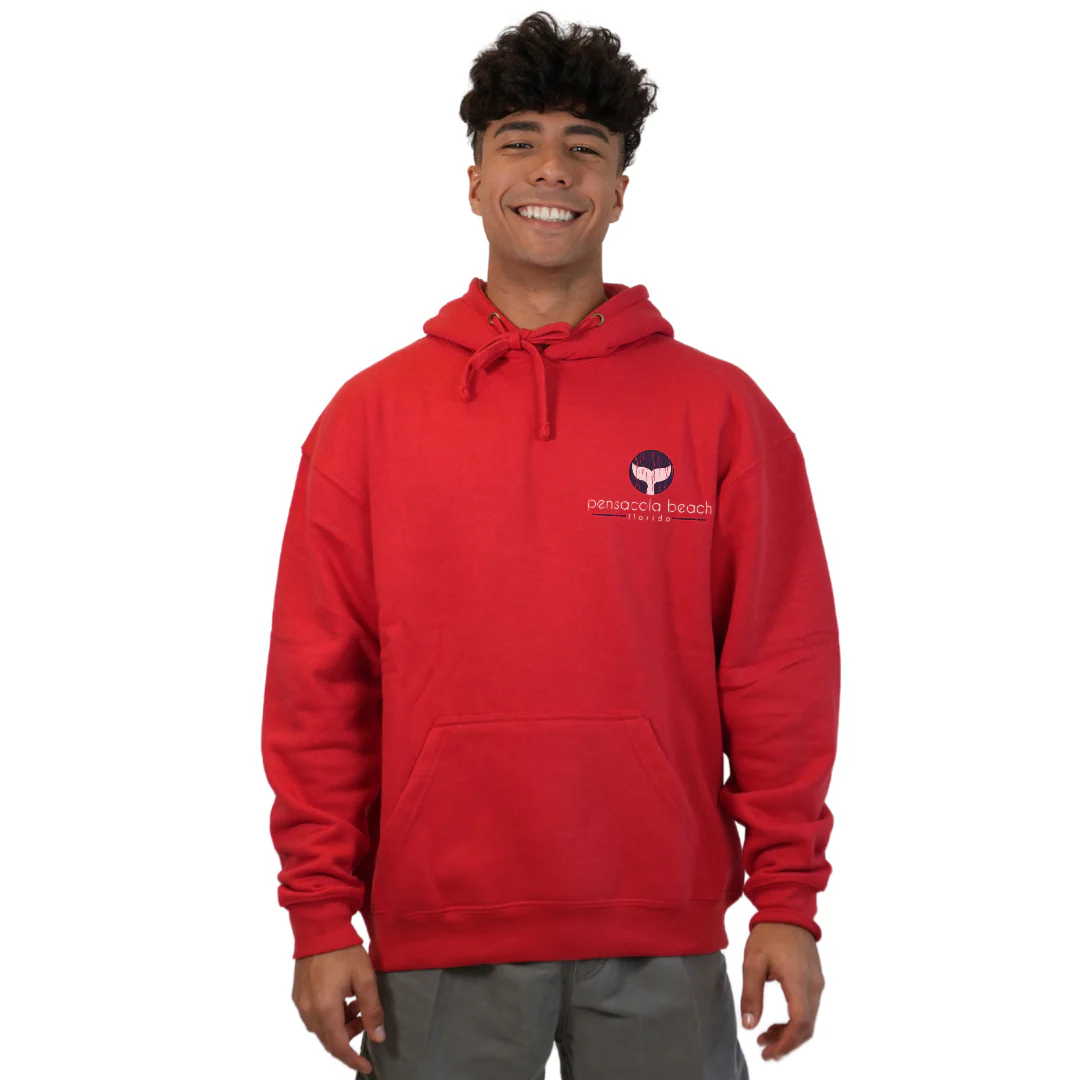 Pensacola Beach Pullover Hoodie Men with front Whale Tale pocket design and back big Whale Tale Design Style 252 - Image 5