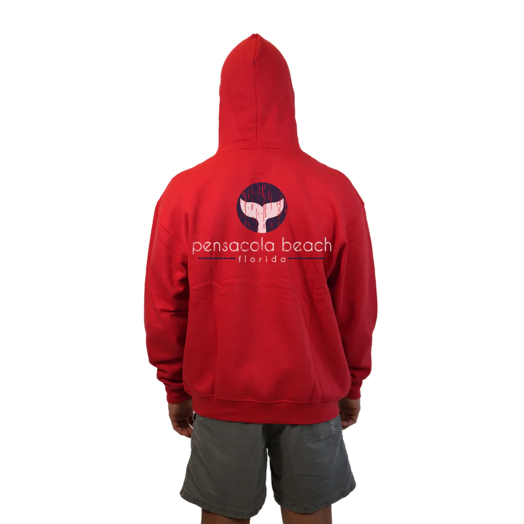 Pensacola Beach Pullover Hoodie Men with front Whale Tale pocket design and back big Whale Tale Design Style 252 - Image 6