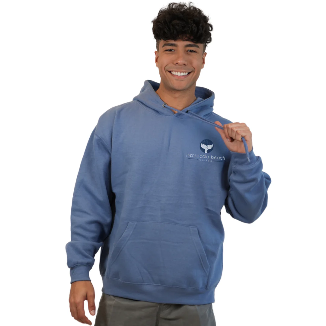 Pensacola Beach Pullover Hoodie Men with front Whale Tale pocket design and back big Whale Tale Design Style 252 - Image 7