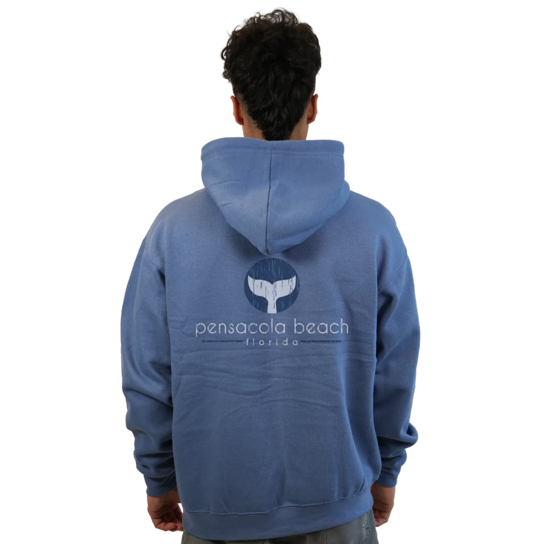 Pensacola Beach Pullover Hoodie Men with front Whale Tale pocket design and back big Whale Tale Design Style 252 - Image 8