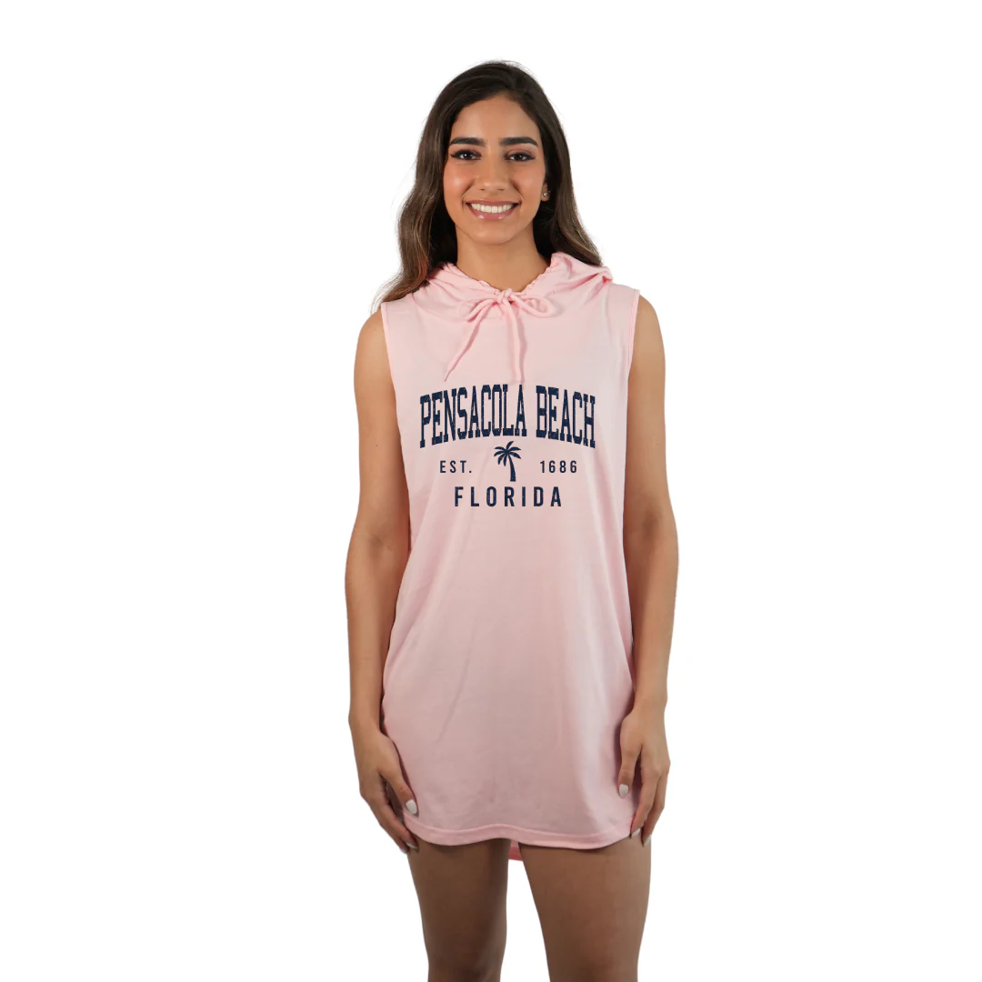Pensacola Beach Women Sleeveless Cover Up Hoodie with a a Front Palm Tree Design Est. 1686 Design Style 263 - Image 2