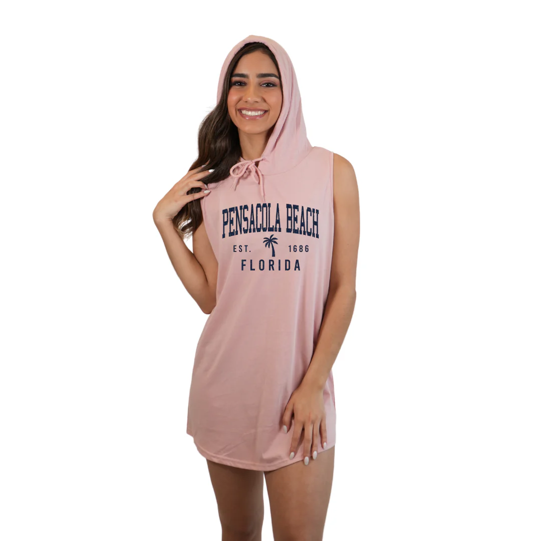 Pensacola Beach Women Sleeveless Cover Up Hoodie with a a Front Palm Tree Design Est. 1686 Design Style 263 - Image 3