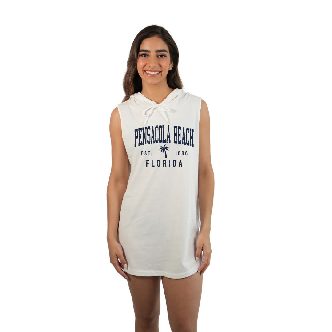 Pensacola Beach Women Sleeveless Cover Up Hoodie with a a Front Palm Tree Design Est. 1686 Design Style 263 - Image 4