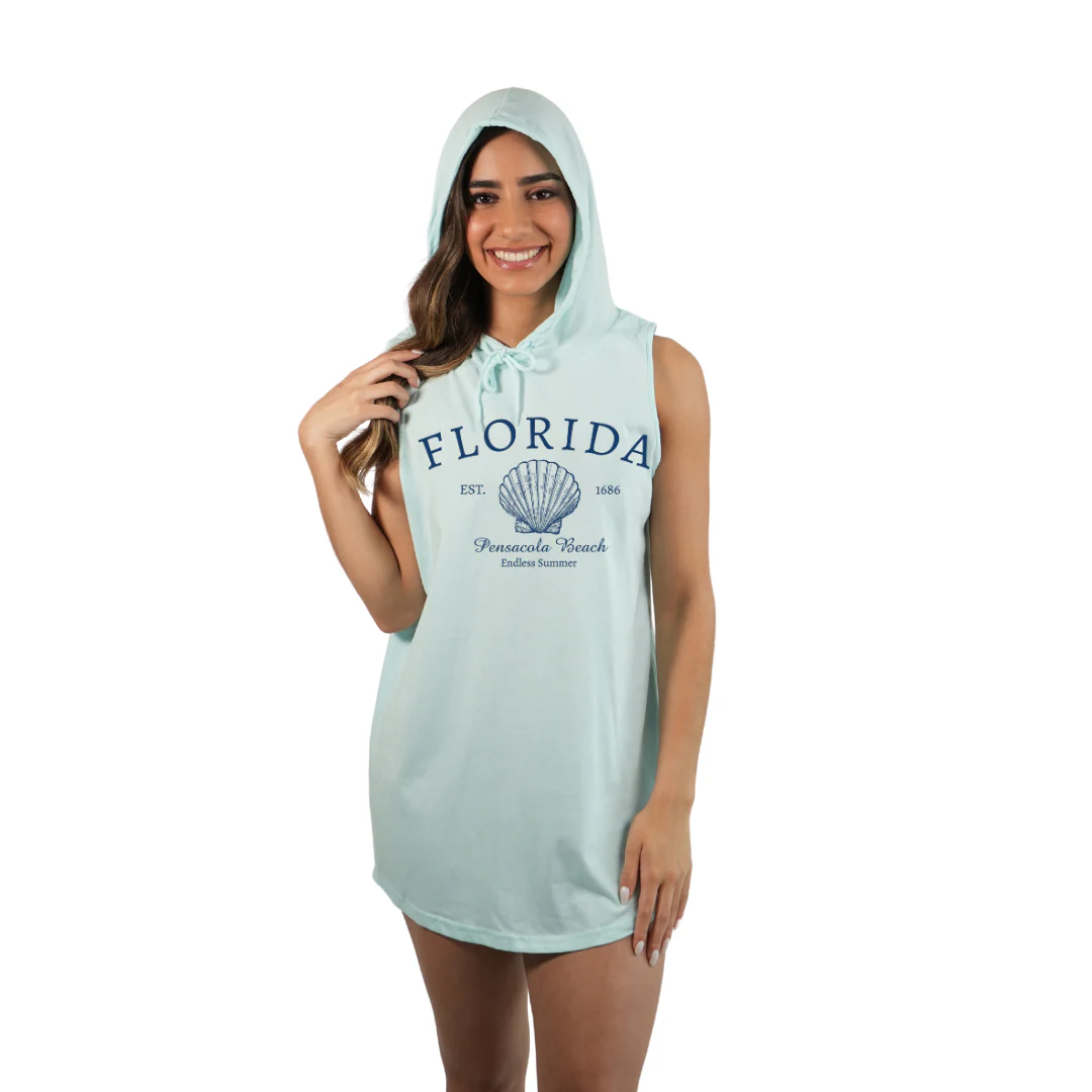 Pensacola Beach Women Sleeveless Cover Up Hoodie with a Front Florida Shell Endless Summer Design Style 263 - Image 2