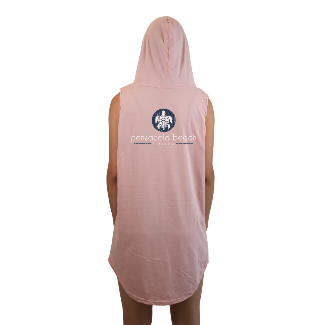 Pensacola Beach Women Sleeveless Cover Up Hoodie with a Front SeaTurtle's pocket design and back big SeaTurtle's Design Style 263 - Image 2