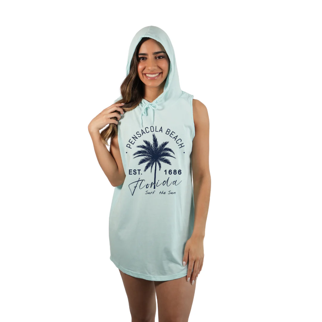 Pensacola Beach Women Sleeveless Cover Up Hoodie  with a Front Big Palm Tree Est. 1984 Design Style 263 - Image 2
