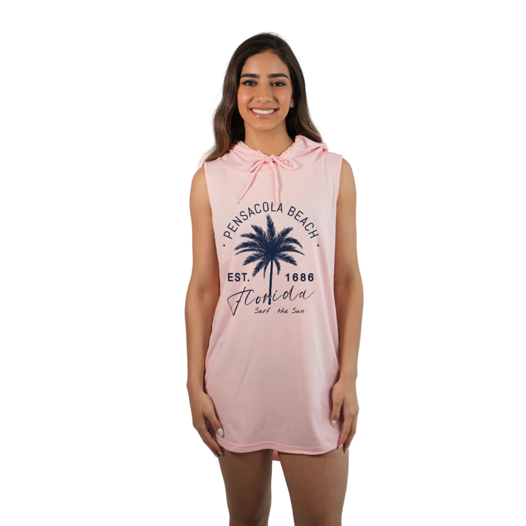 Pensacola Beach Women Sleeveless Cover Up Hoodie  with a Front Big Palm Tree Est. 1984 Design Style 263 - Image 3
