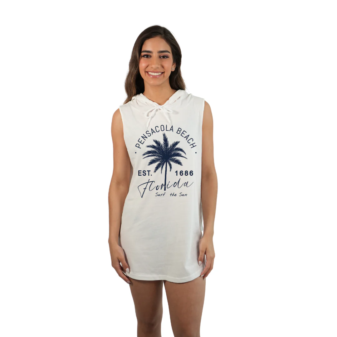 Pensacola Beach Women Sleeveless Cover Up Hoodie  with a Front Big Palm Tree Est. 1984 Design Style 263 - Image 4