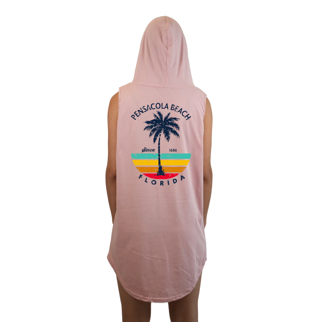Pensacola Beach Women Sleeveless Cover Up Hoodie with a Front Pocket Design and back big Palm Tree/ Stripes Design Style 263 - Image 2
