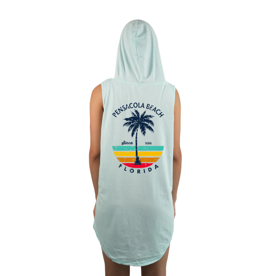 Pensacola Beach Women Sleeveless Cover Up Hoodie with a Front Pocket Design and back big Palm Tree/ Stripes Design Style 263 - Image 4