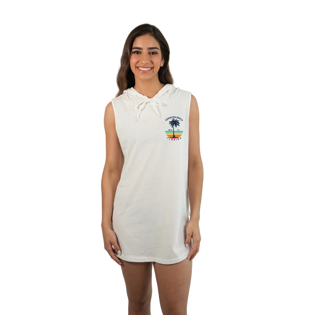 Pensacola Beach Women Sleeveless Cover Up Hoodie with a Front Pocket Design and back big Palm Tree/ Stripes Design Style 263 - Image 5