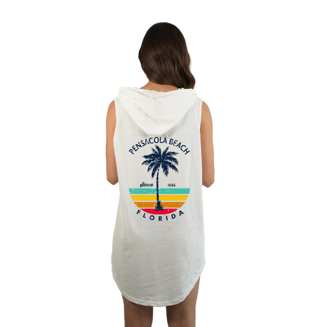 Pensacola Beach Women Sleeveless Cover Up Hoodie with a Front Pocket Design and back big Palm Tree/ Stripes Design Style 263 - Image 6