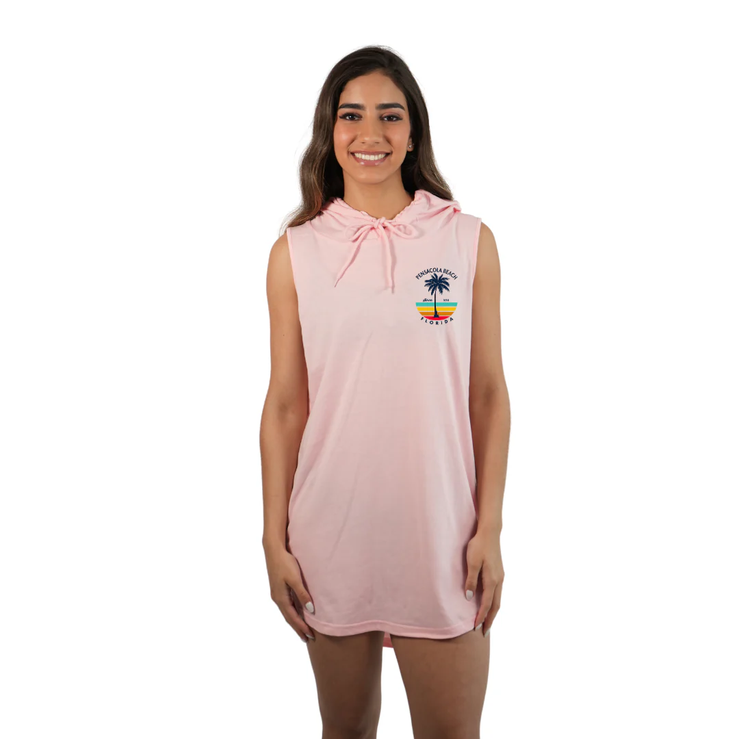 Pensacola Beach Women Sleeveless Cover Up Hoodie with a Front Pocket Design and back big Palm Tree/ Stripes Design Style 263 - Image 7