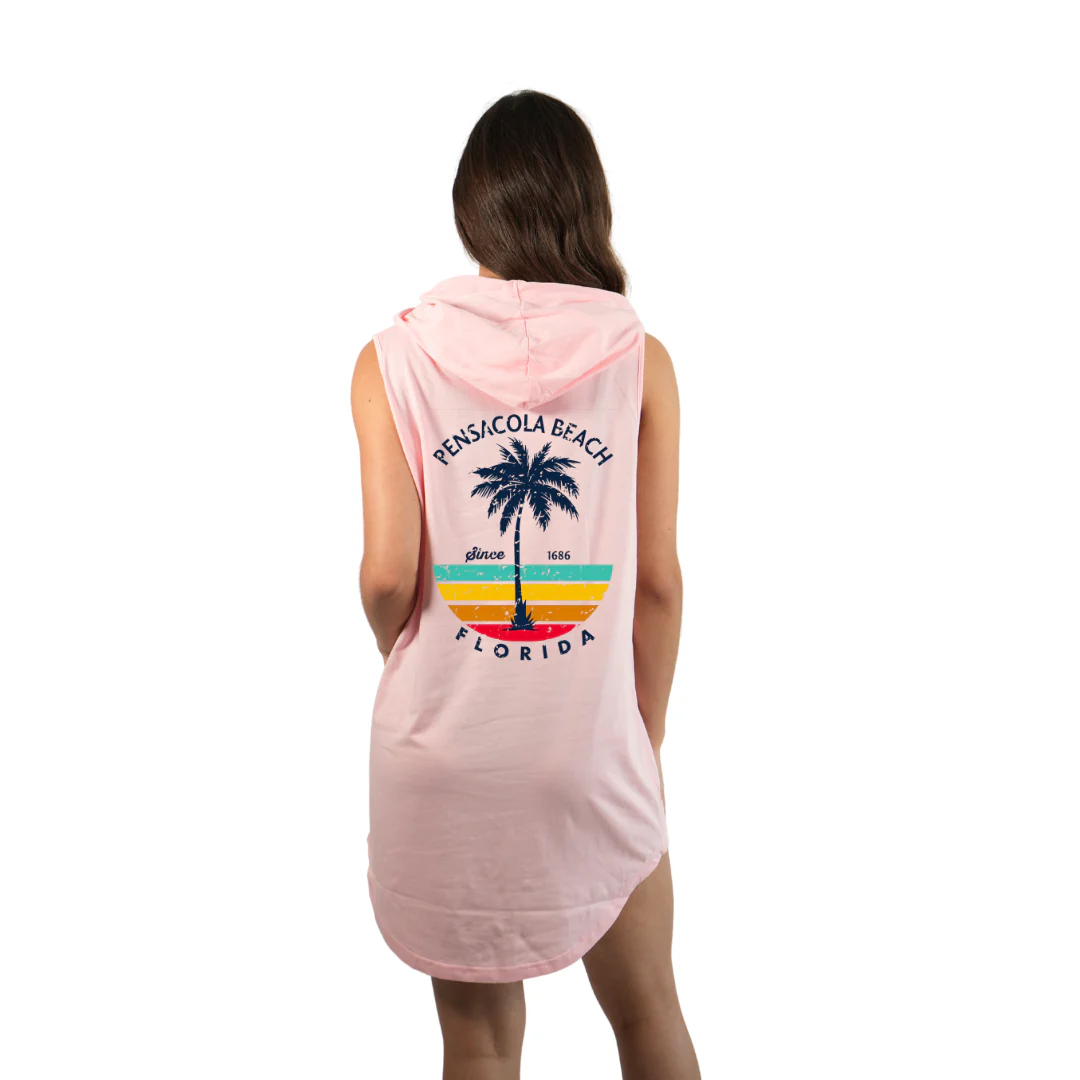 Pensacola Beach Women Sleeveless Cover Up Hoodie with a Front Pocket Design and back big Palm Tree/ Stripes Design Style 263 - Image 8