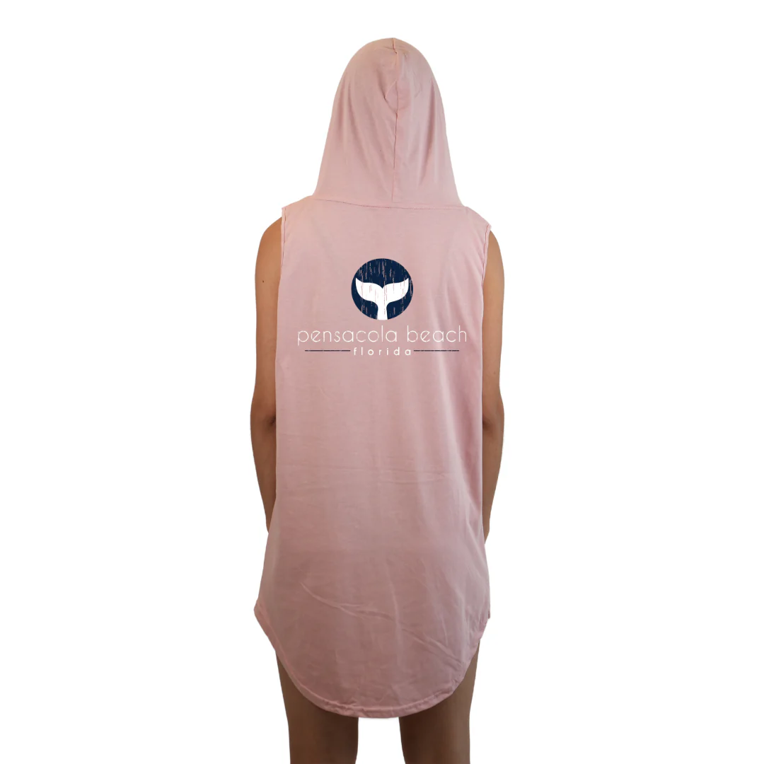 Pensacola Beach Women Sleeveless Cover Up Hoodie with a Front Whale Tale pocket design and back big Whale Tale Design Style 263 - Image 4
