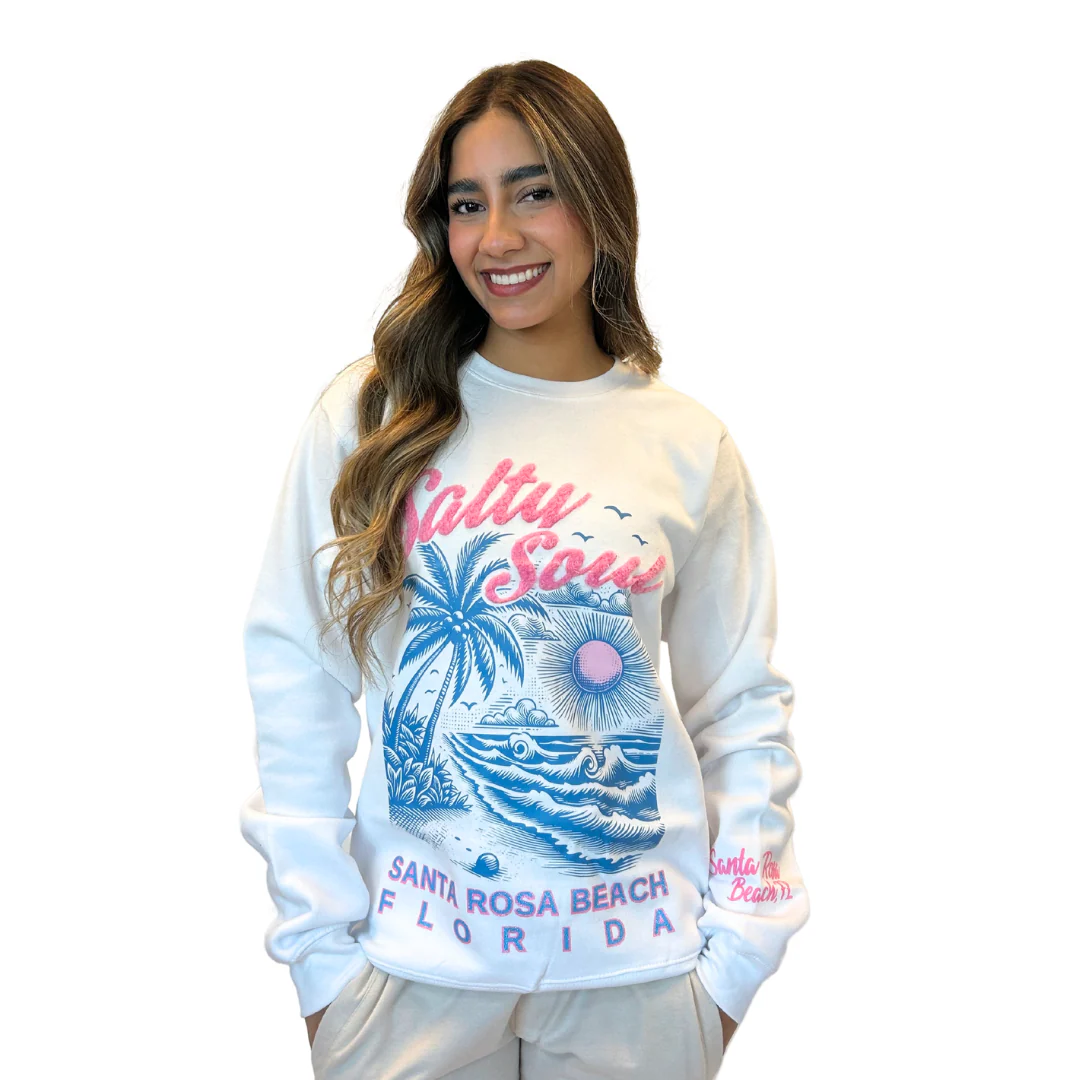 Santa Rosa Beach, Fl Crewneck Women with texture patch on the front and the sleeve Style 067 - Image 2
