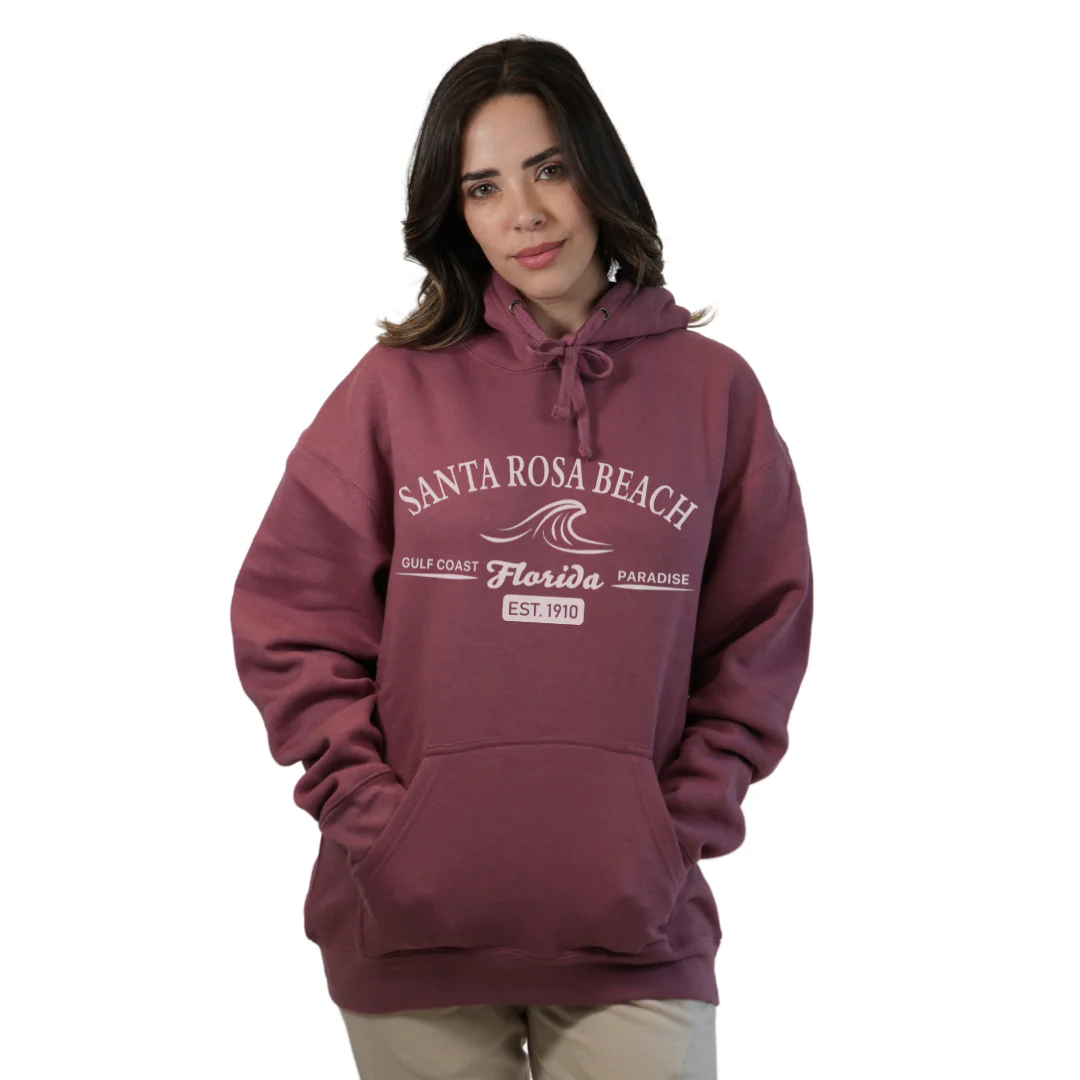 Santa Rosa Beach Pullover Hoodie Women with Big Front Florida Gulf Coast Paradise with Wave Icon Design Style 252 - Image 11