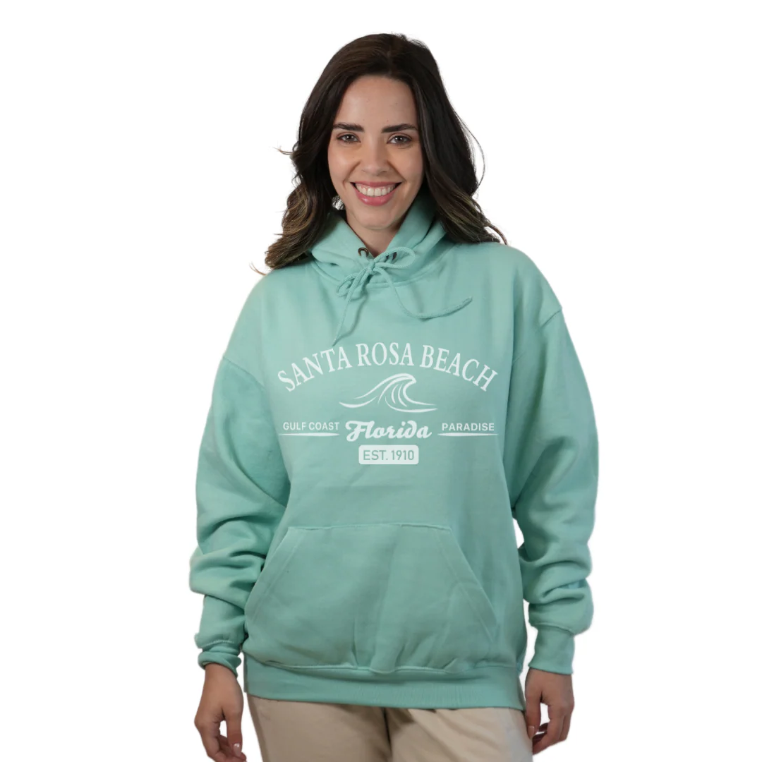 Santa Rosa Beach Pullover Hoodie Women with Big Front Florida Gulf Coast Paradise with Wave Icon Design Style 252 - Image 13