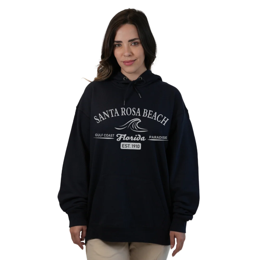 Santa Rosa Beach Pullover Hoodie Women with Big Front Florida Gulf Coast Paradise with Wave Icon Design Style 252 - Image 14