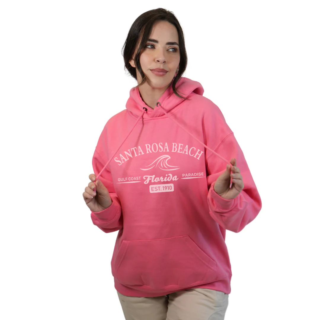 Santa Rosa Beach Pullover Hoodie Women with Big Front Florida Gulf Coast Paradise with Wave Icon Design Style 252 - Image 4