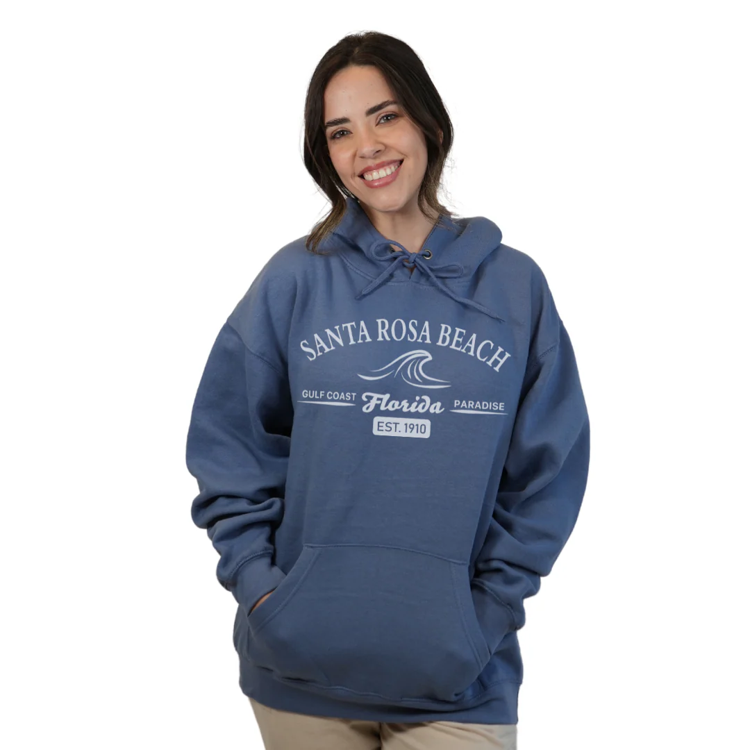 Santa Rosa Beach Pullover Hoodie Women with Big Front Florida Gulf Coast Paradise with Wave Icon Design Style 252 - Image 5