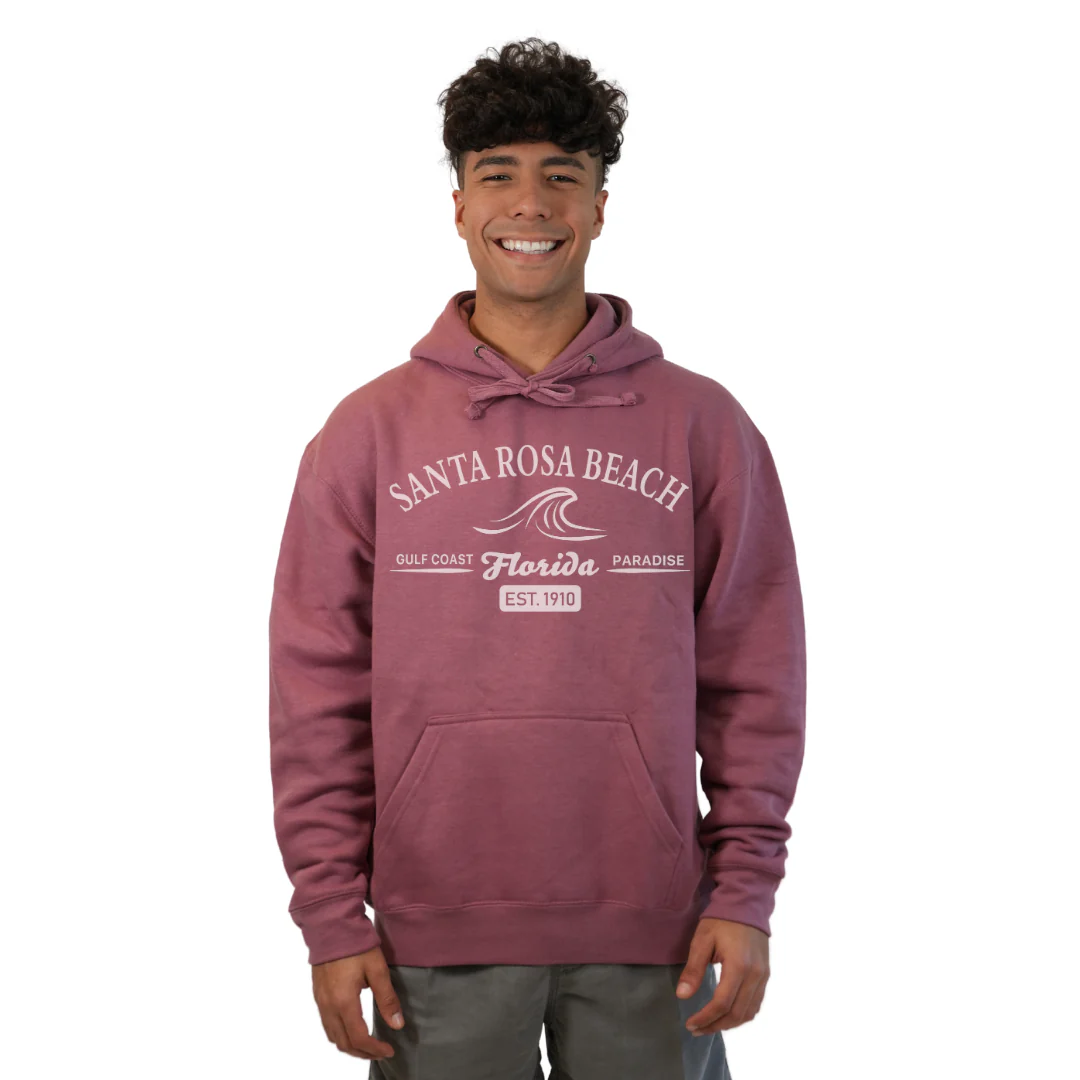 Santa Rosa Beach Pullover Hoodie Men with Big Front Florida Gulf Coast Paradise with Wave Icon Design Style 252 - Image 10