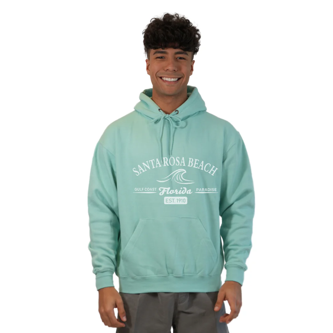 Santa Rosa Beach Pullover Hoodie Men with Big Front Florida Gulf Coast Paradise with Wave Icon Design Style 252 - Image 11