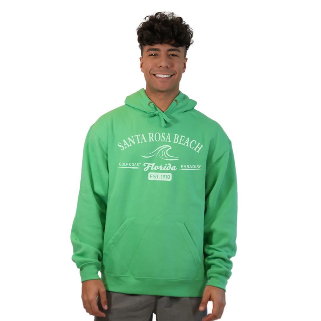 Santa Rosa Beach Pullover Hoodie Men with Big Front Florida Gulf Coast Paradise with Wave Icon Design Style 252 - Image 12