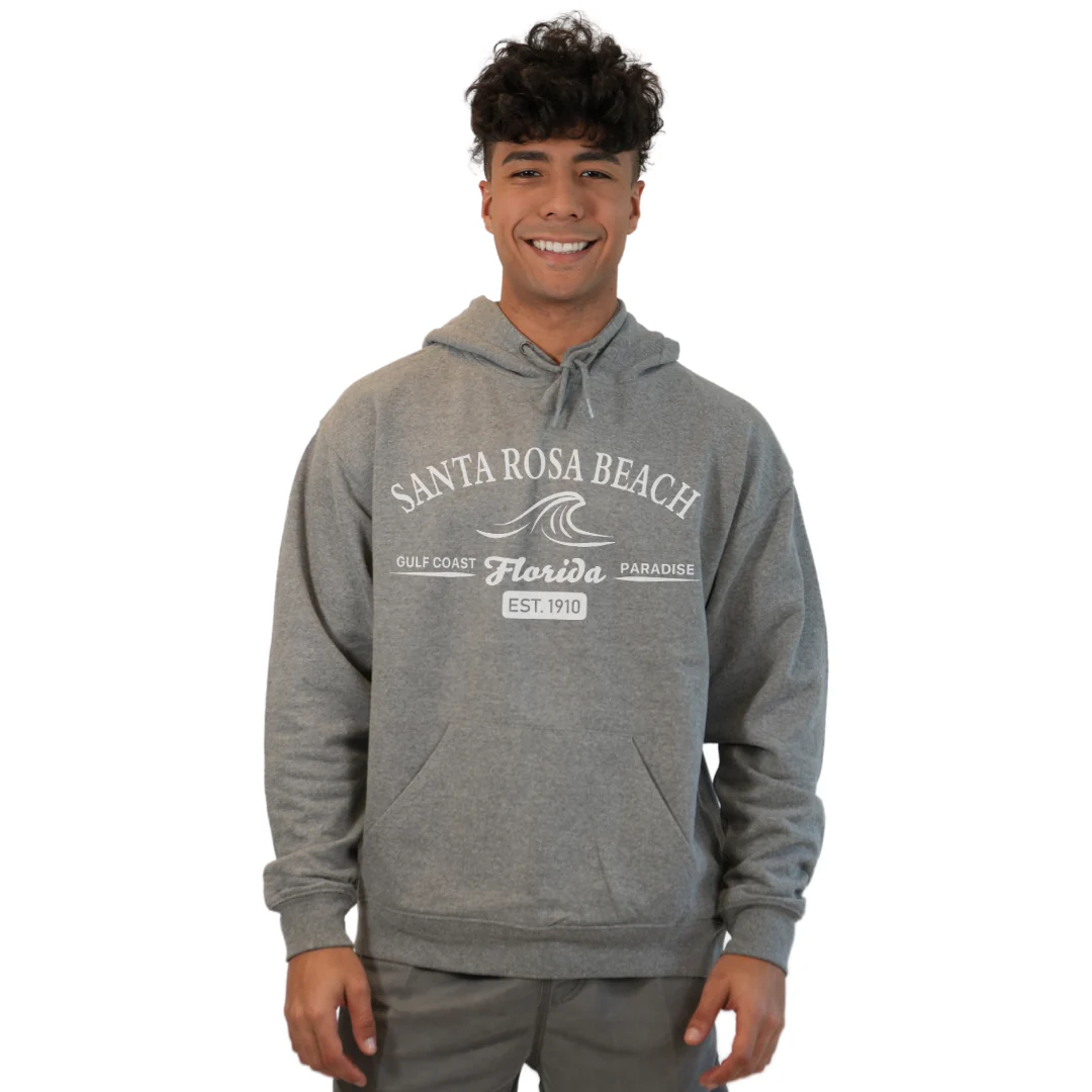 Santa Rosa Beach Pullover Hoodie Men with Big Front Florida Gulf Coast Paradise with Wave Icon Design Style 252 - Image 13