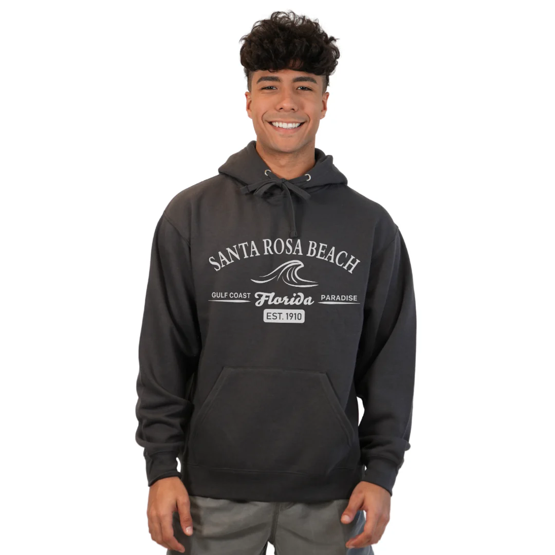 Santa Rosa Beach Pullover Hoodie Men with Big Front Florida Gulf Coast Paradise with Wave Icon Design Style 252 - Image 7