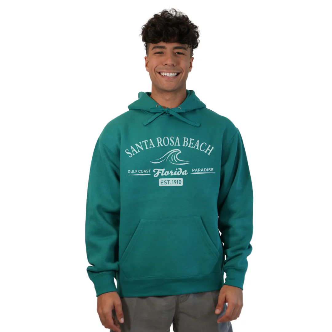 Santa Rosa Beach Pullover Hoodie Men with Big Front Florida Gulf Coast Paradise with Wave Icon Design Style 252 - Image 8
