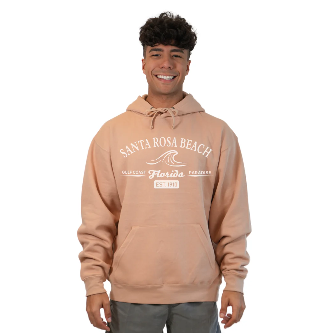 Santa Rosa Beach Pullover Hoodie Men with Big Front Florida Gulf Coast Paradise with Wave Icon Design Style 252 - Image 9