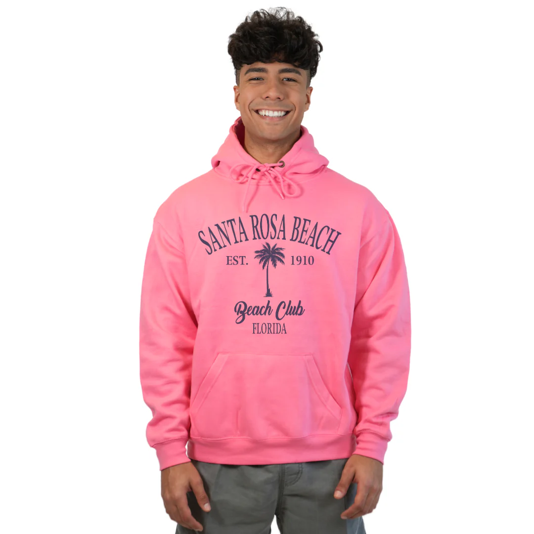 Santa Rosa Beach Pullover Hoodie Men with Big Front Palm Tree Beach Club Design Style 252 - Image 3
