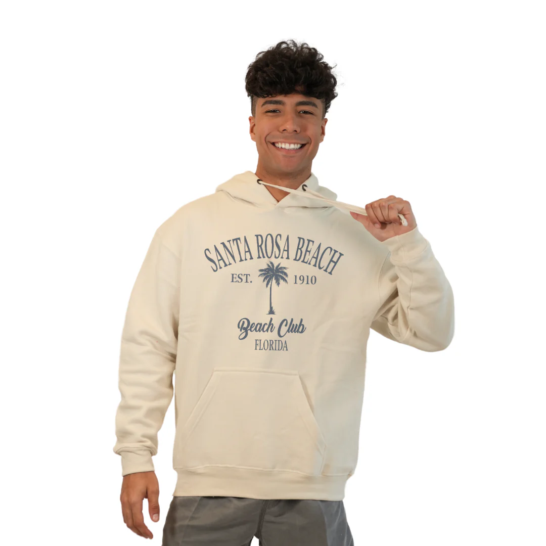 Santa Rosa Beach Pullover Hoodie Men with Big Front Palm Tree Beach Club Design Style 252 - Image 4