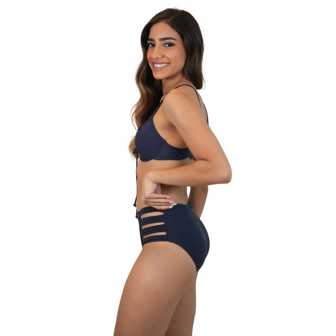 Set of Tie Front Scrunch Push Up Top and High Waisted Bottom - Solid Navy Style 962-6511N |962-3003 - Image 2